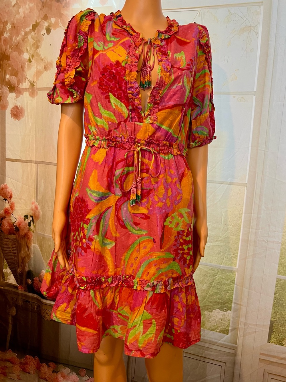 FARM Rio Pink Floral Tie-Waist Ruffle Mini Dress - Picture 2 of 9